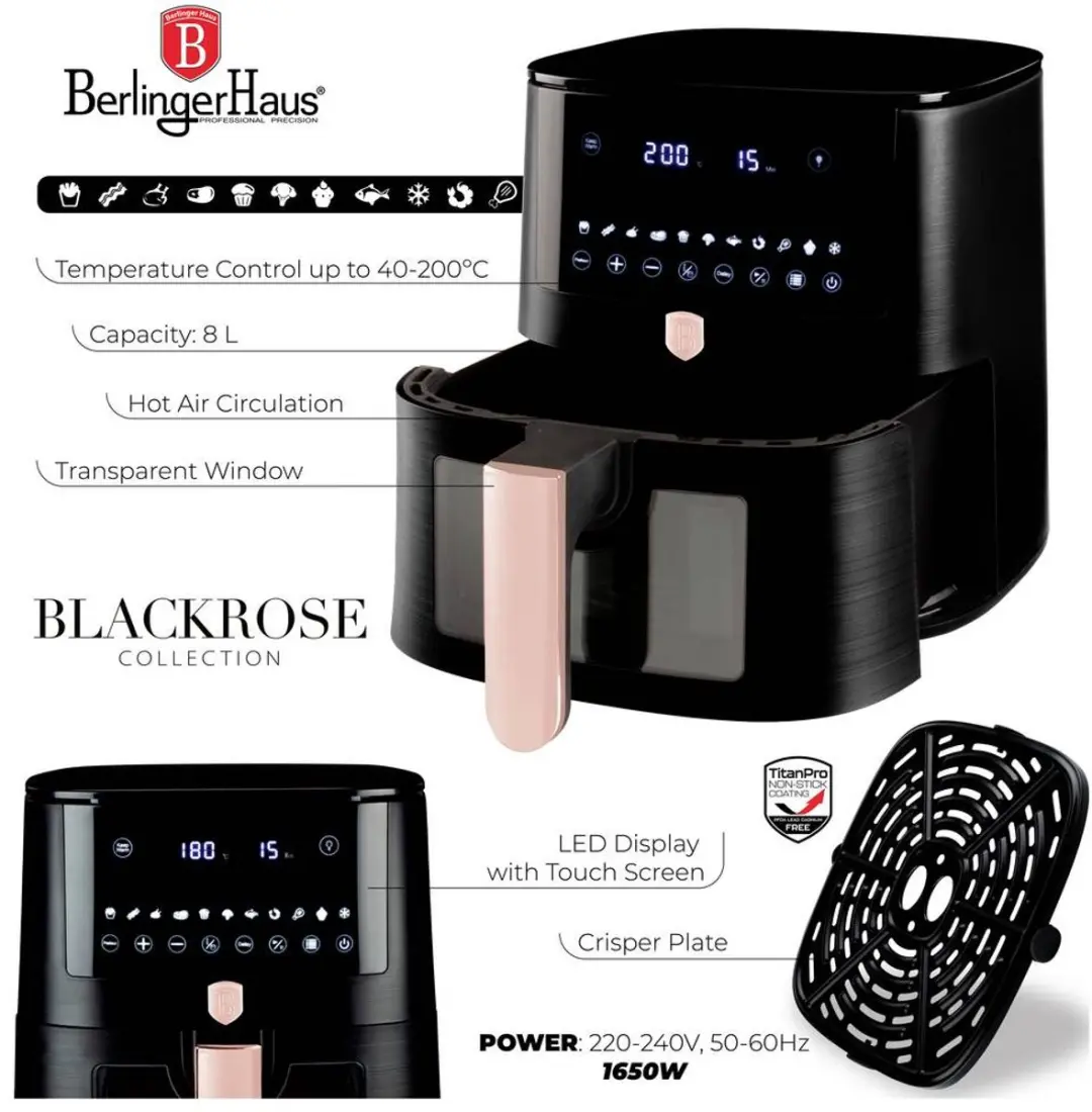 BerlingerHaus BH/9604 Airfryer 8L 1650W - Zwart/Rose gold - afbeelding 4 van 4