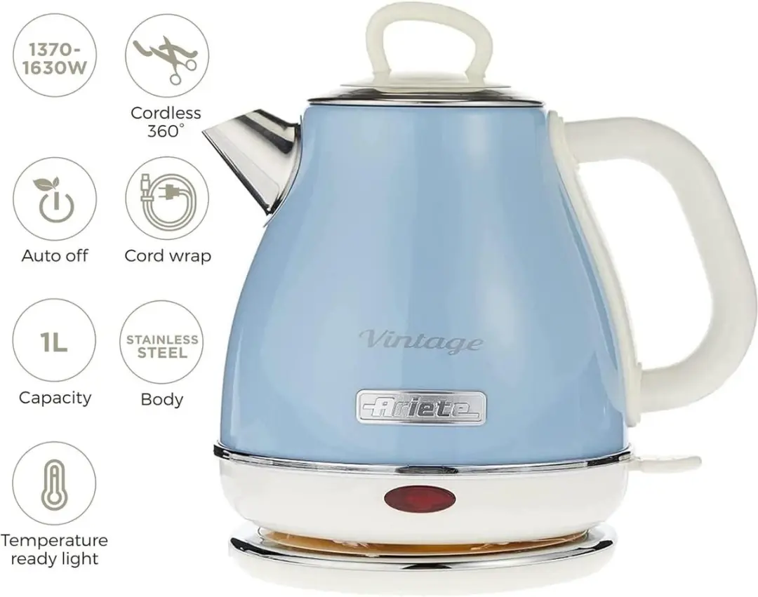 Ariete 2868/05 Vintage Waterkoker - 1 liter - 1630W - Blauw - afbeelding 2 van 6