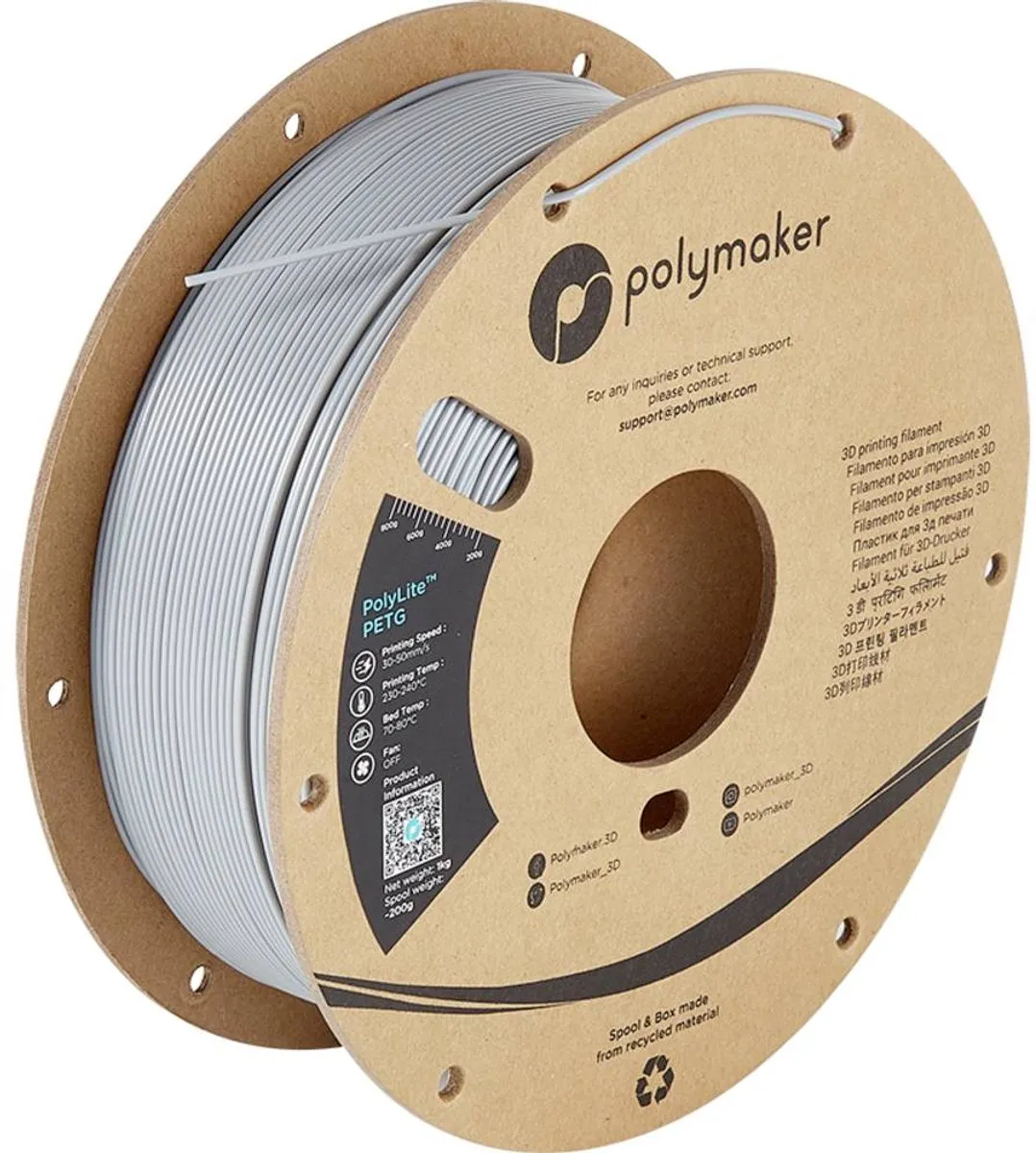 Polymaker PB01003 PolyLite Filament PETG Hittebestendig, Hoge treksterkte 1.75 mm 1000 g Grijs 1 stuk(s)