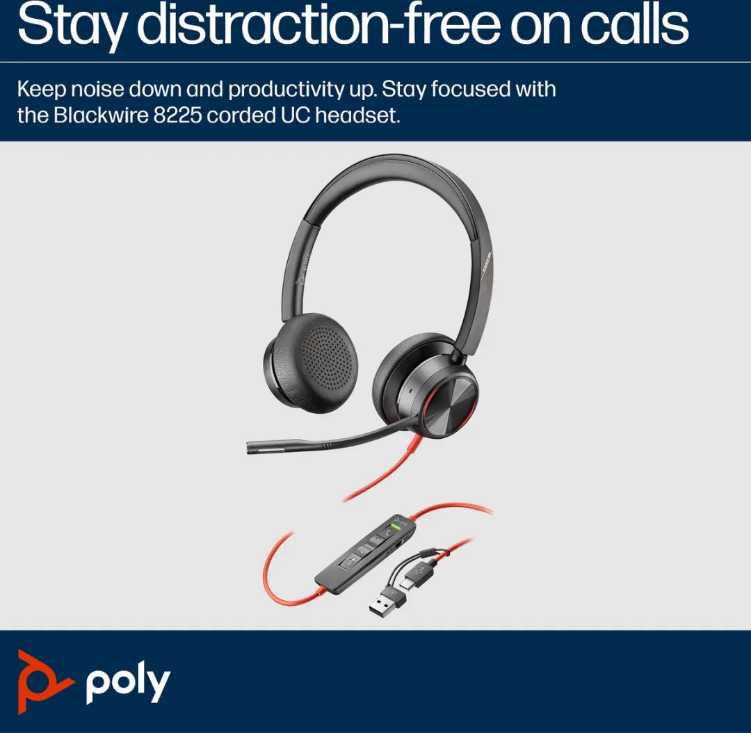 HP Poly Blackwire 8225 Headset - Noise Cancelling - Zwart