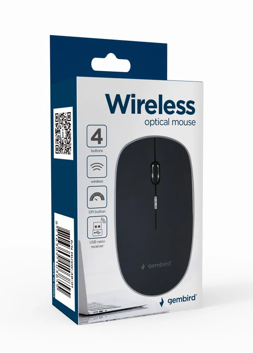 Gembird MUSW-4B-01 Draadloze USB Muis 4 Knoppen - 800-1600 DPI - Zwart