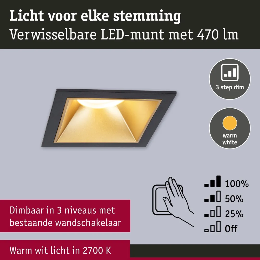 Paulmann LED-inbouwlamp 3-Step-Dim Cole Coin 3x6W - 3x470lm - Zwart/Goud mat