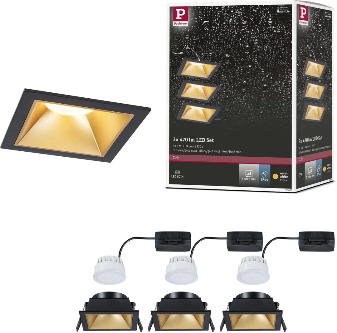 Paulmann LED-inbouwlamp 3-Step-Dim Cole Coin 3x6W - 3x470lm - Zwart/Goud mat