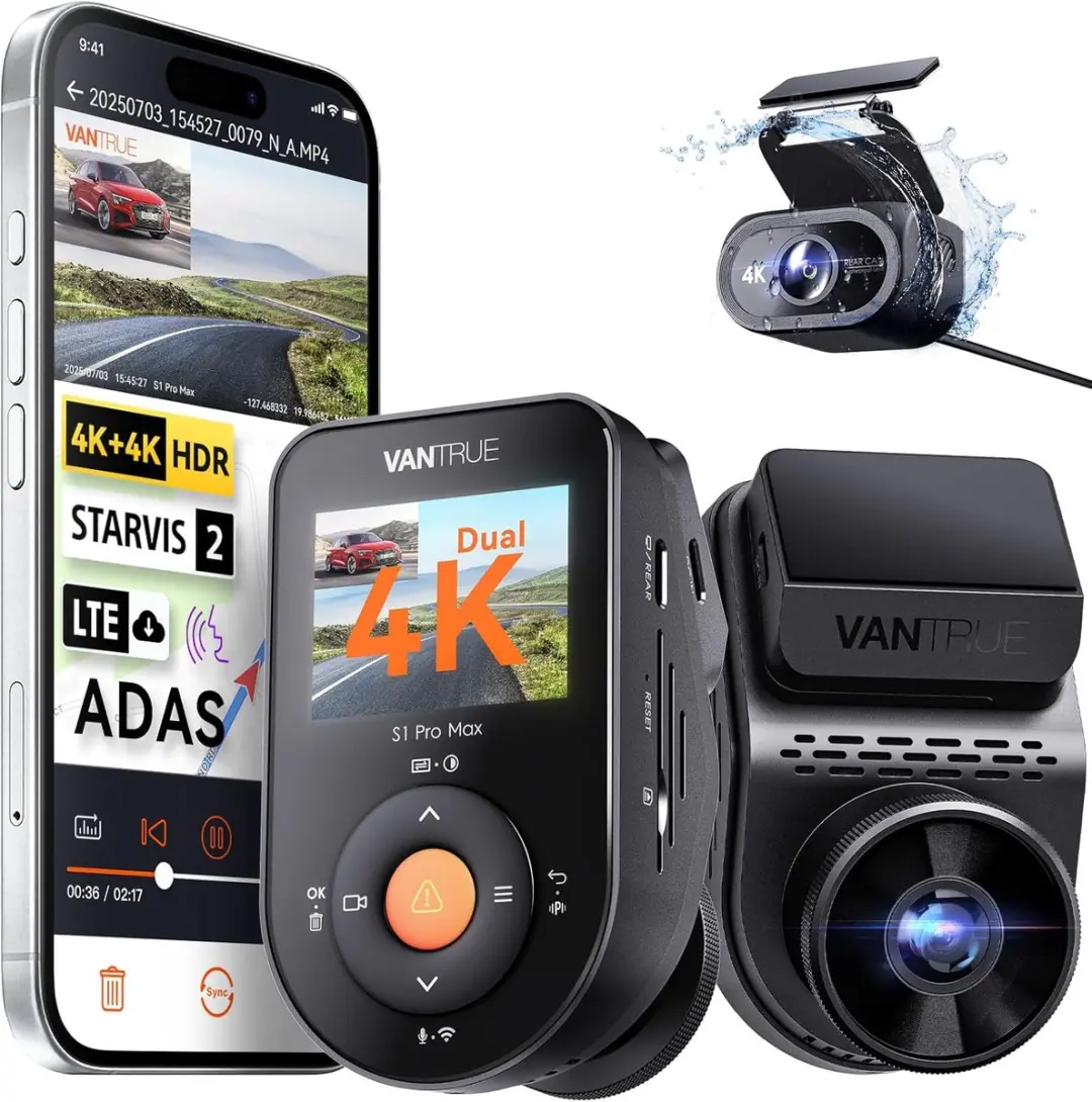 Vantrue S1 Pro Max 4K+4K (2160P+2160P) dashcam voor en achter, dubbele dashcamer
