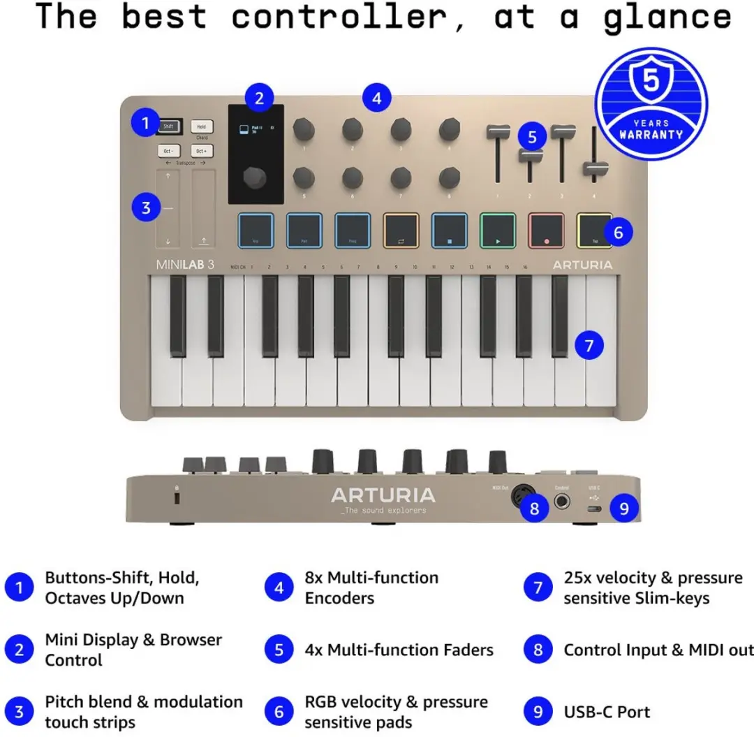 Arturia MiniLab 3 231508 MIDI-keyboard - Champagne - afbeelding 3 van 6