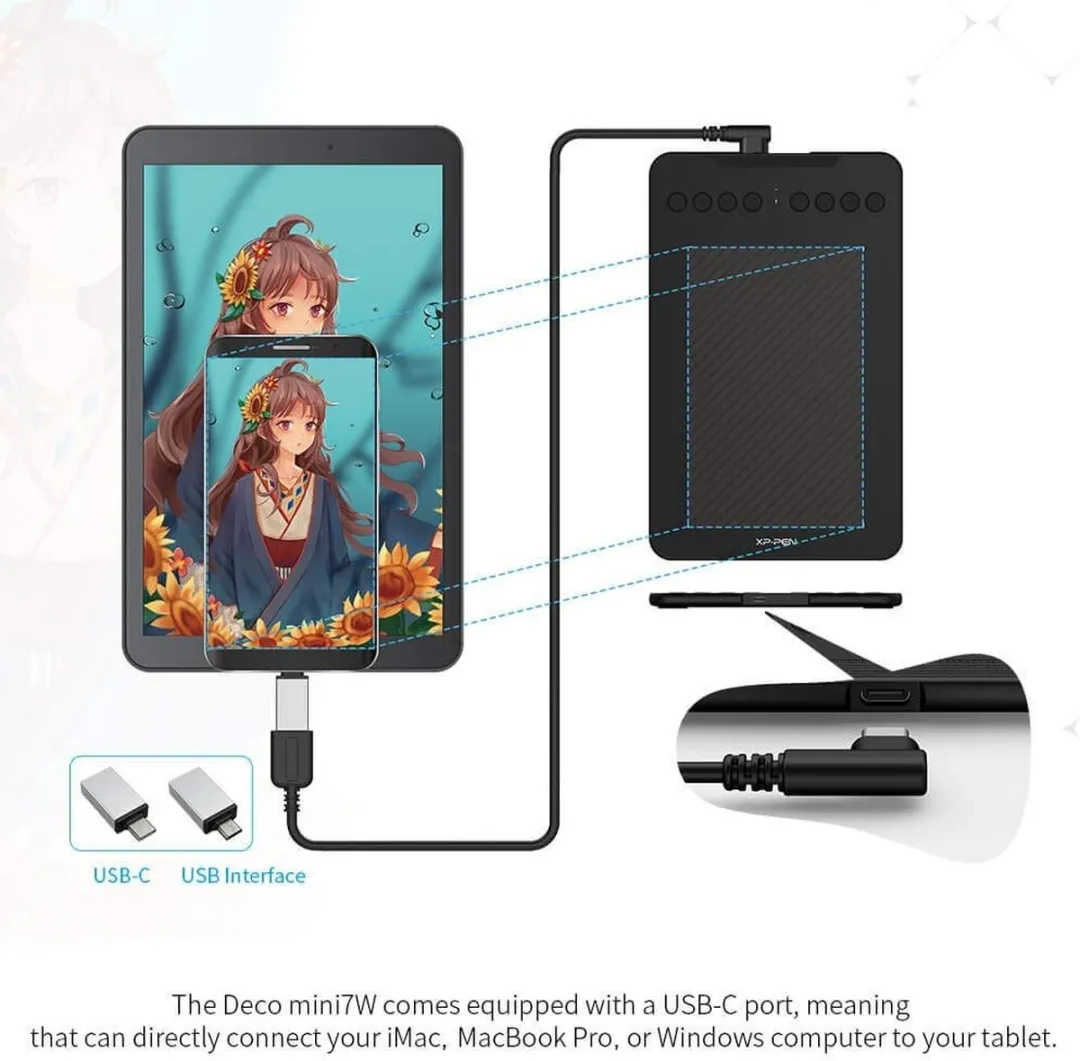 XPPen Deco mini7W Draadloze Grafische Tablet - Zwart