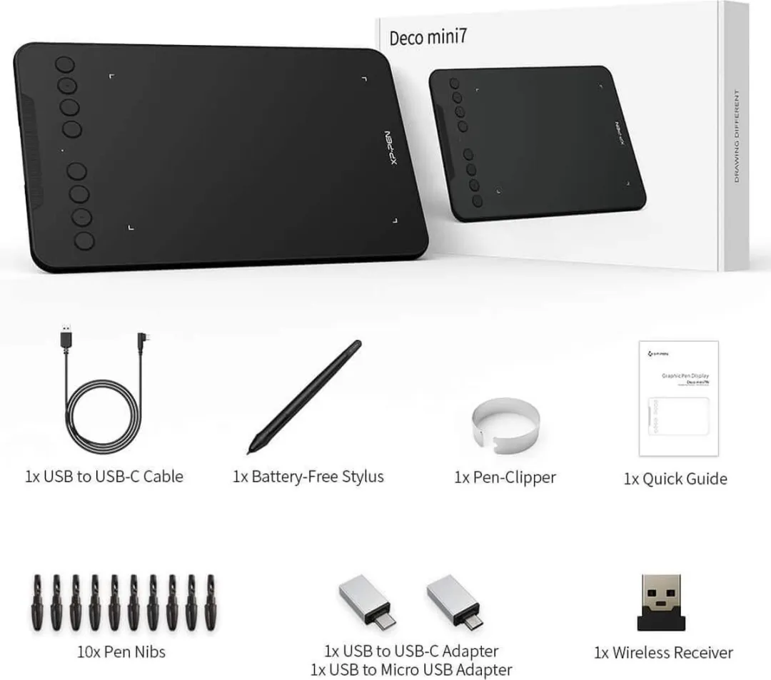 XPPen Deco mini7W Draadloze Grafische Tablet - Zwart