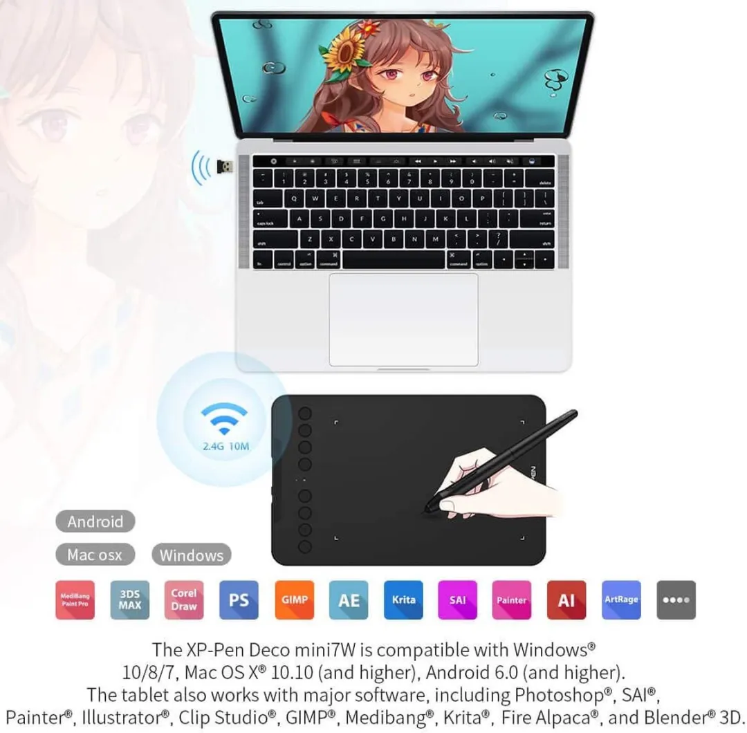 XPPen Deco mini7W Draadloze Grafische Tablet - Zwart