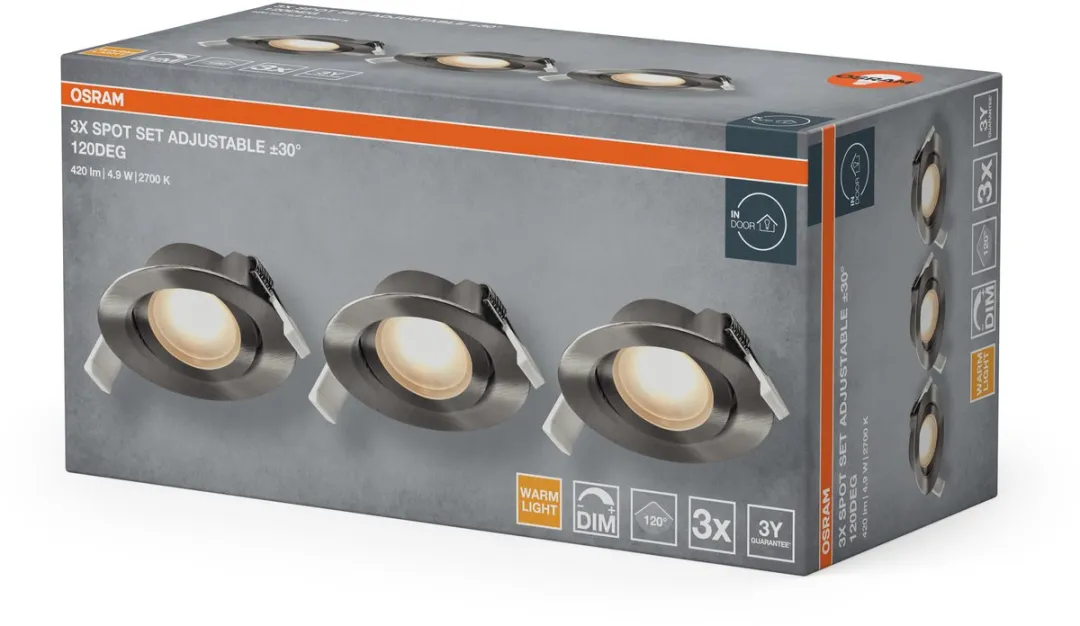 Osram Spot Set LED Inbouwspot DIM 4,9W 120° Satijnnikkel - 3 Stuks