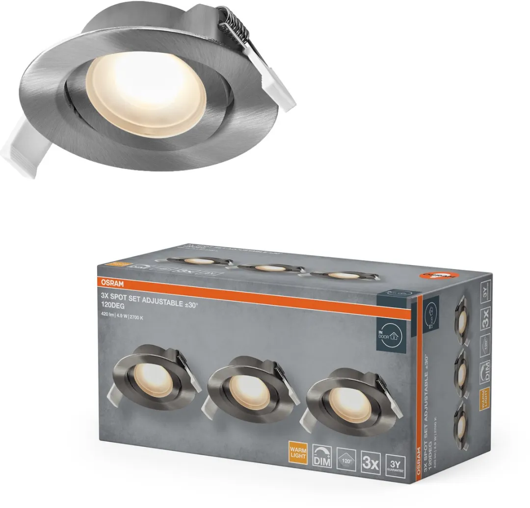 Osram Spot Set LED Inbouwspot DIM 4,9W 120° Satijnnikkel - 3 Stuks