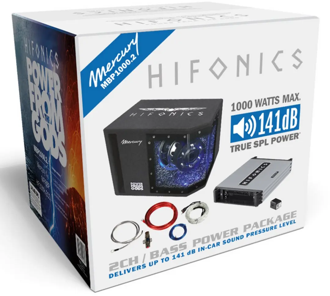 Hifonics Mercury MBP1000.2 basspack 2 kanaals + 8 inch bandpass kist + kabelset