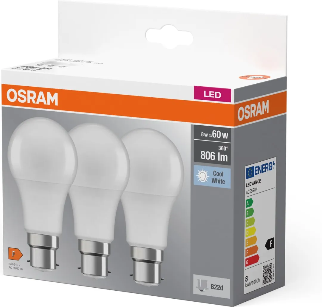 Osram LED Base Classic A B22d 8,5W Koelwit Mat