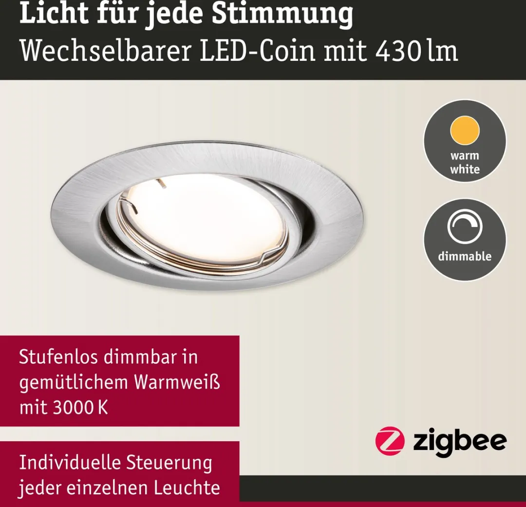 Paulmann LED-inbouwlamp Smart Home Zigbee 3.0 Coin Basisset - 3x430lm 3000K - Staal geborsteld