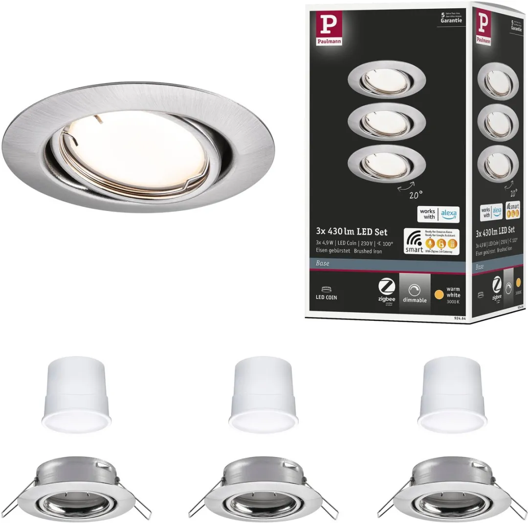 Paulmann LED-inbouwlamp Smart Home Zigbee 3.0 Coin Basisset - 3x430lm 3000K - Staal geborsteld