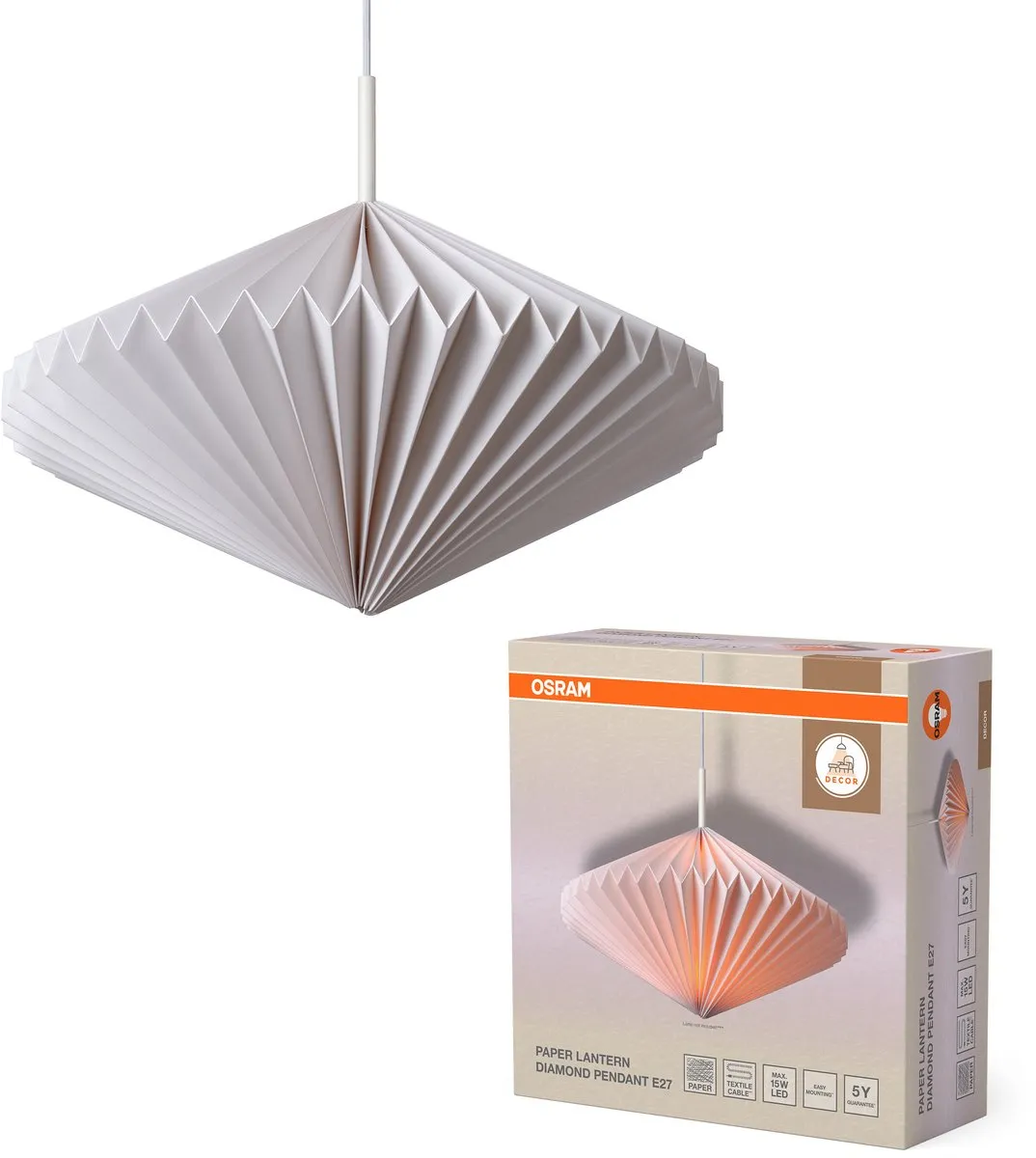Osram Decor Papieren Lantaarn Diamant E27 - 450mm - Wit