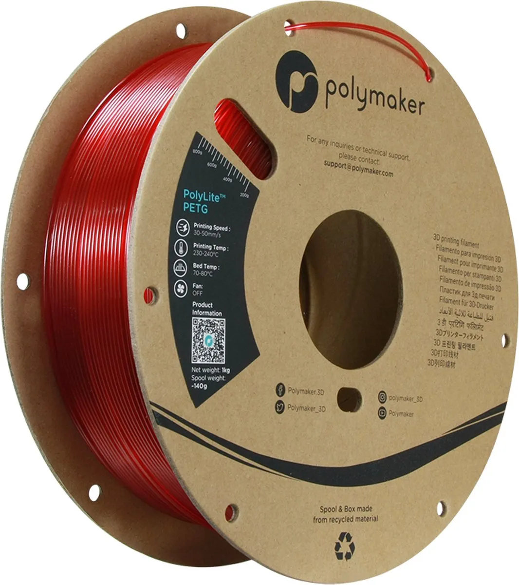 Polymaker Polylite PETG 1,75mm Filament 1kg - Transparant Rood