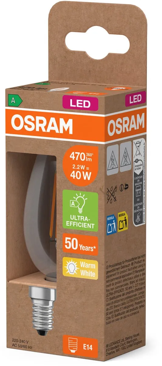 Osram LED Superstar Classic B40 E14 2,2W 470lm Warm Wit - afbeelding 6 van 6