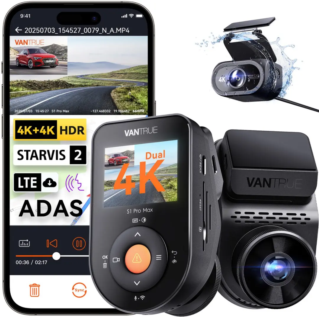 Vantrue S1 Pro Max 4K+4K Dashcam Voor- en Achterkant, Dual 2160P Dashcam met STA