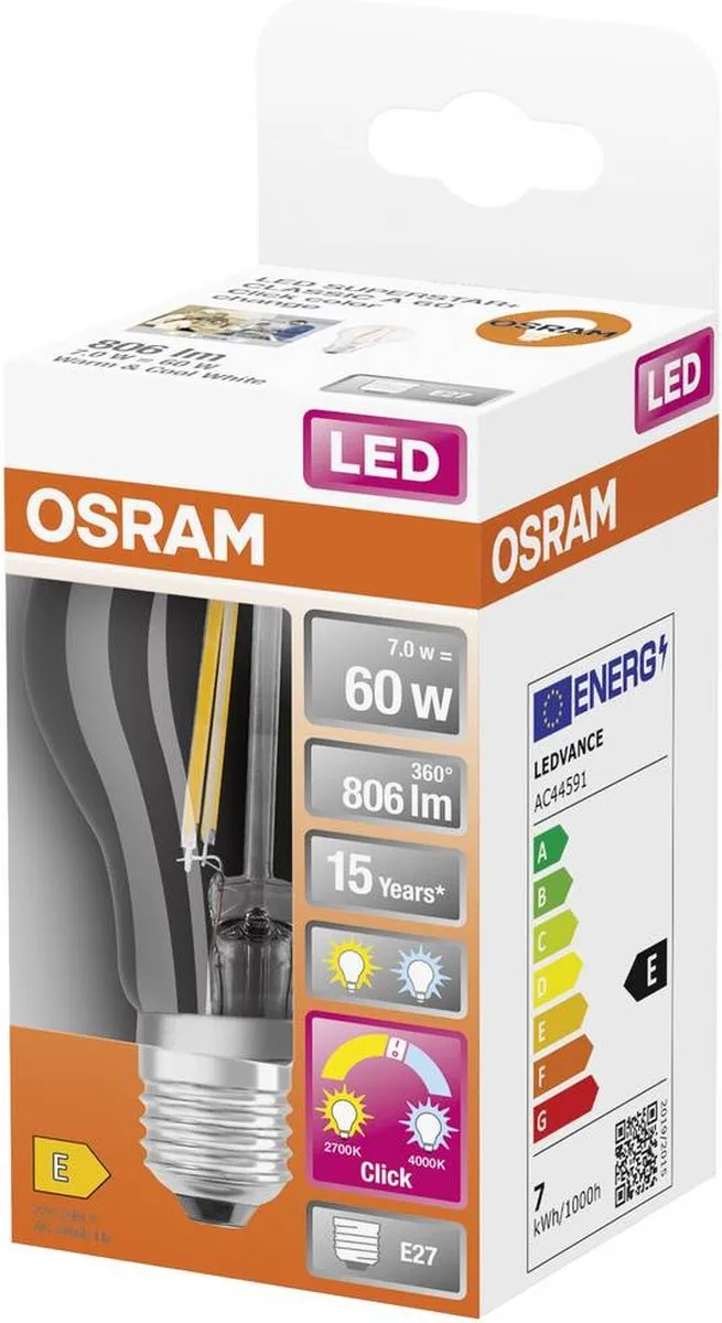 Osram LED-lamp E27 7W Warmwit tot Koudwit - 2700K - Helder - afbeelding 6 van 6