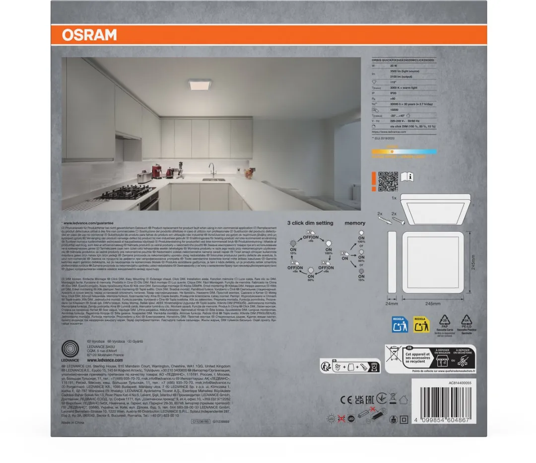 Osram Orbis Quickfix Square 245x245mm 20W - Warm wit 3000K - Zilver