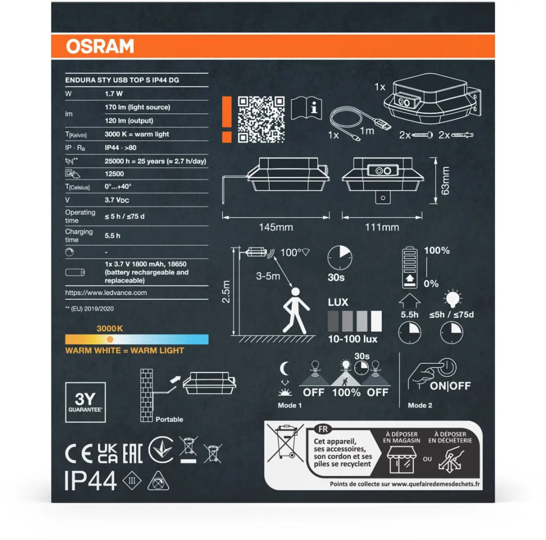 Osram Endura Style USB Wall Top Sensor IP44 - Warm wit 3000K - Donkergrijs - afbeelding 6 van 6