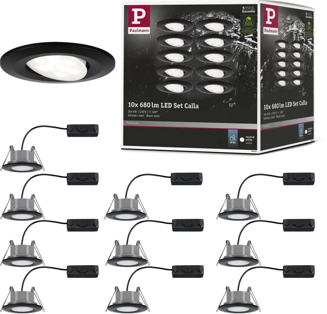 LED-inbouwlamp Calla Basisset zwenkbaar IP65 rond 90mm 30° 10x6W 10x500lm 230V 4000K Zwart mat