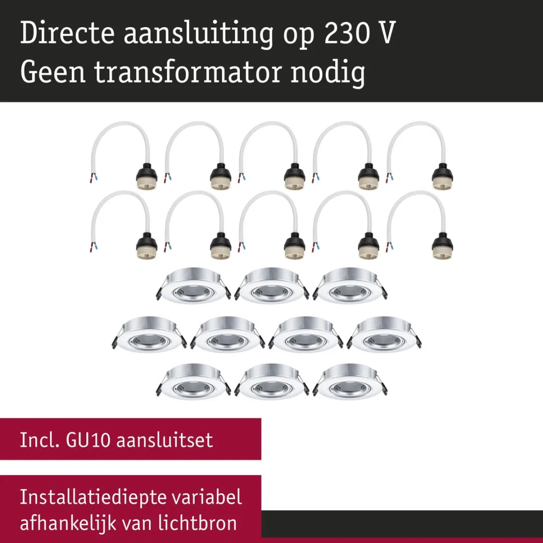 Paulmann Inbouwlamp Set 10x GU10 90mm - 10x10W - Chroom mat - afbeelding 6 van 6
