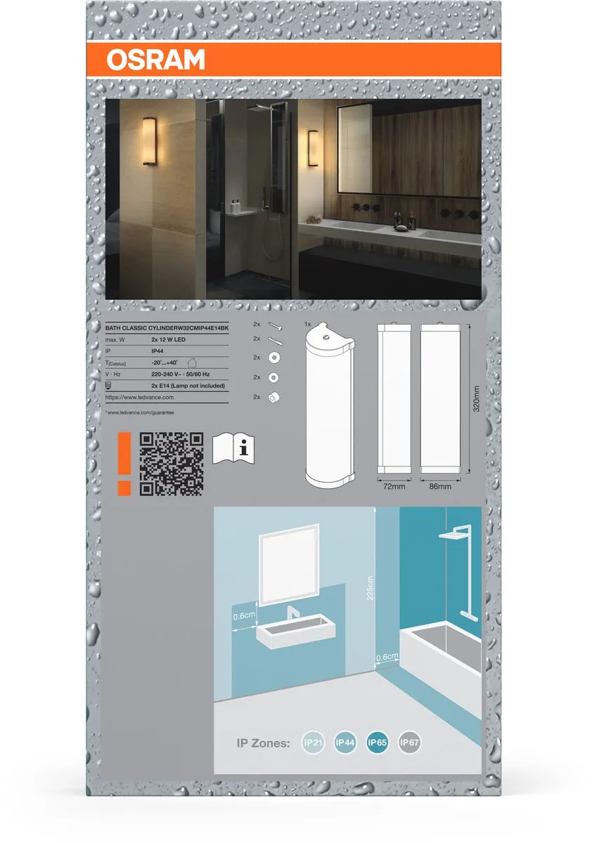Osram Badkamer Classic Cilinder Wandlamp 320mm - Zwart - E14