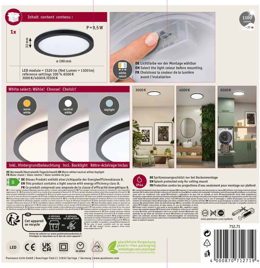 Paulmann Atria Shine LED-paneel 7,6W 1100lm 3000-6500K - Zwart - afbeelding 6 van 6