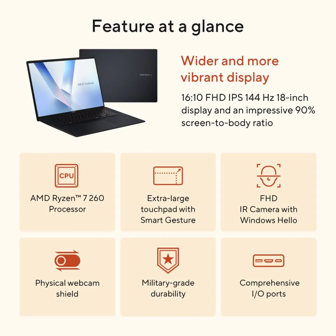 ASUS Vivobook 18 M1807HA-S8026W Laptop - 18.4" WUXGA Ryzen 7