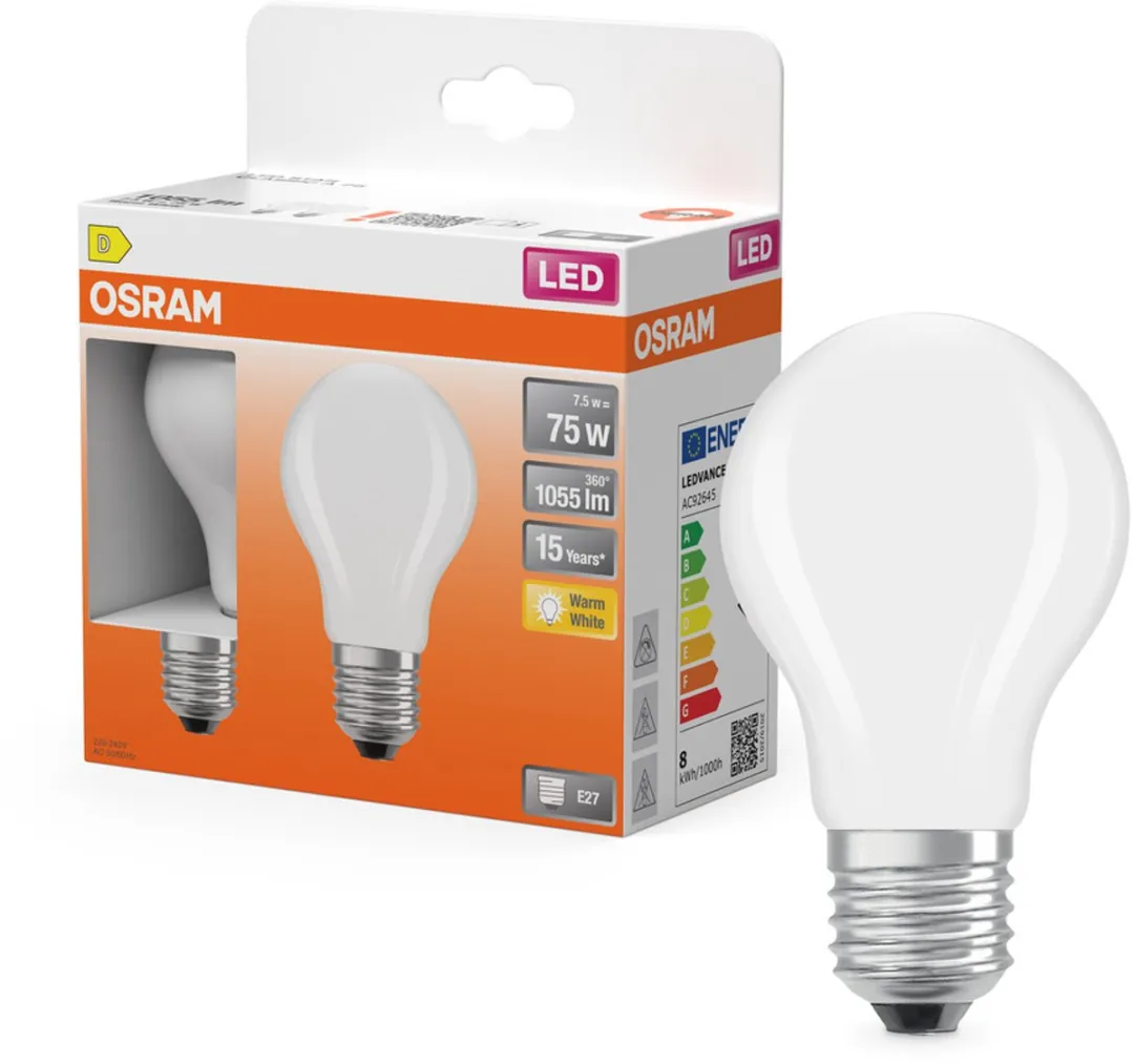 Osram 2X E27 LED 7.5W 2700K - 300° Dimbaar Warm Wit
