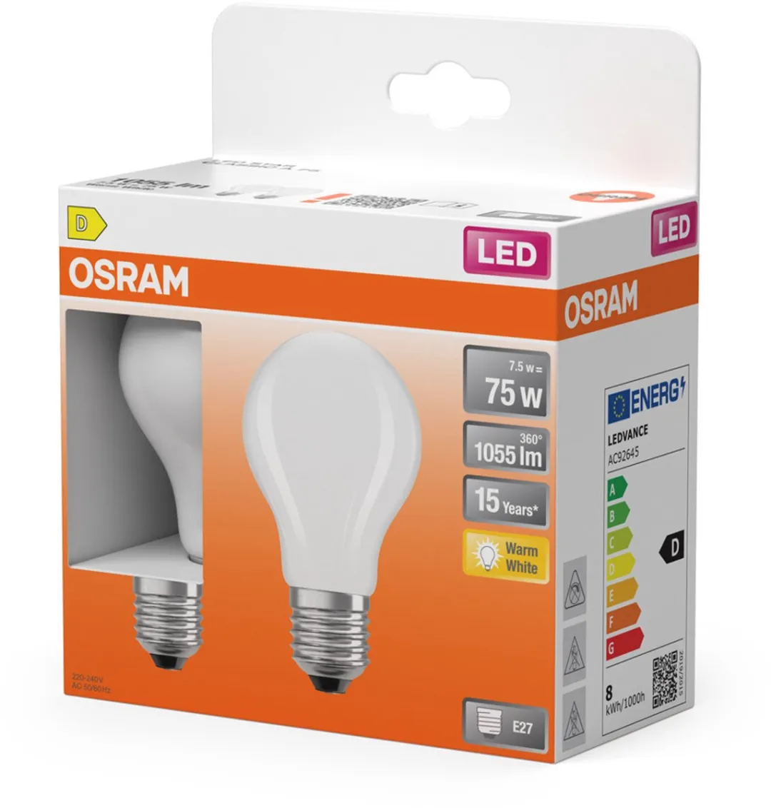 Osram 2X E27 LED 7.5W 2700K - 300° Dimbaar Warm Wit