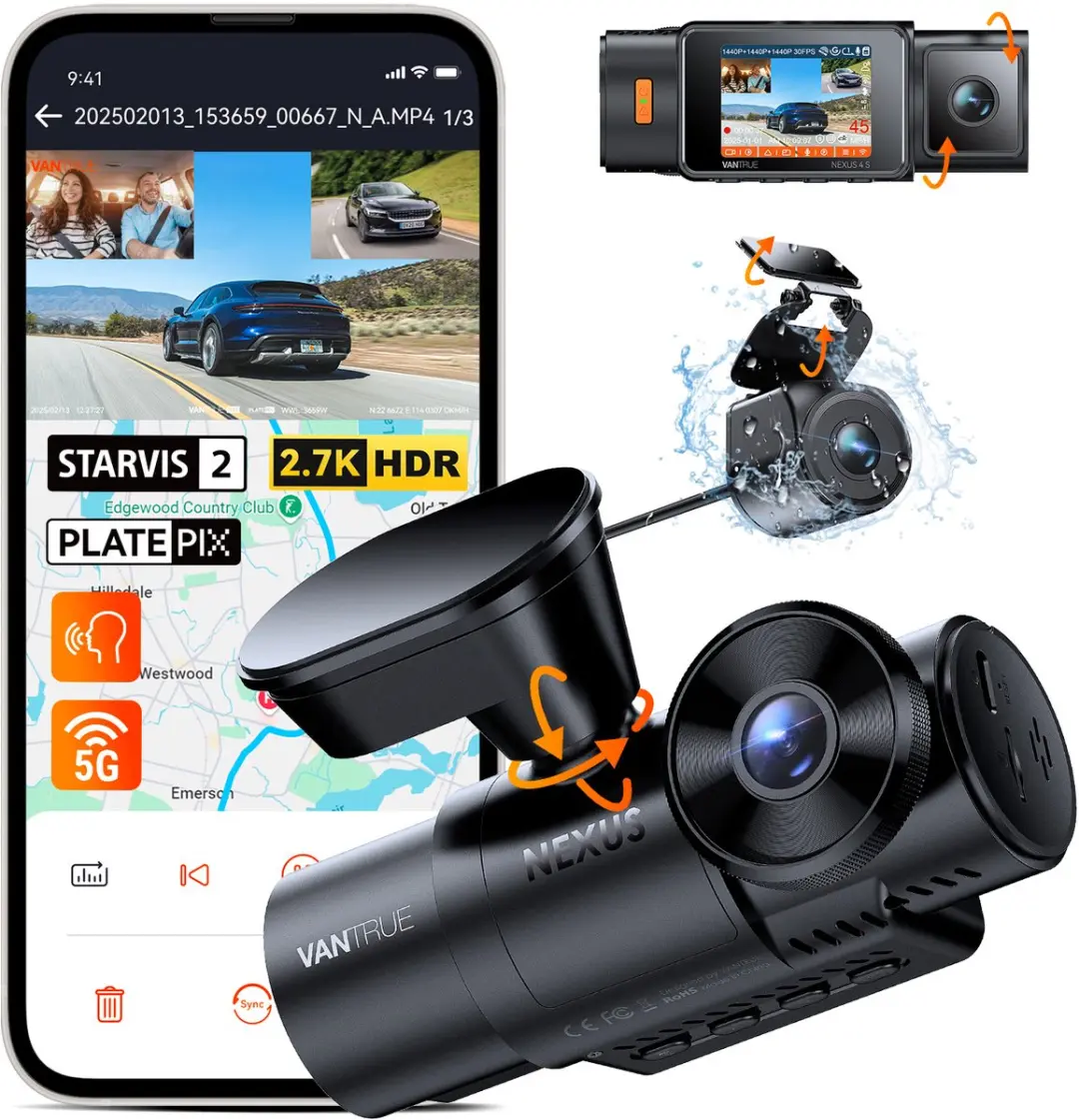 Vantrue N4S 3-kanaals dashcam (voor, binnen, achter), 2.7K+1440P+1440P WiFi-dash