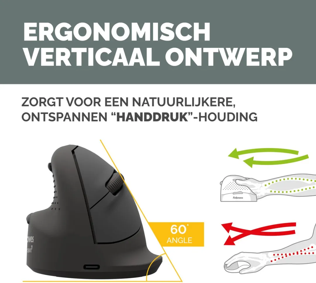 Fellowes Breyta Plus+ Verticale Muis Medium 100143583 - 2400 DPI - Linkshandig - Zwart