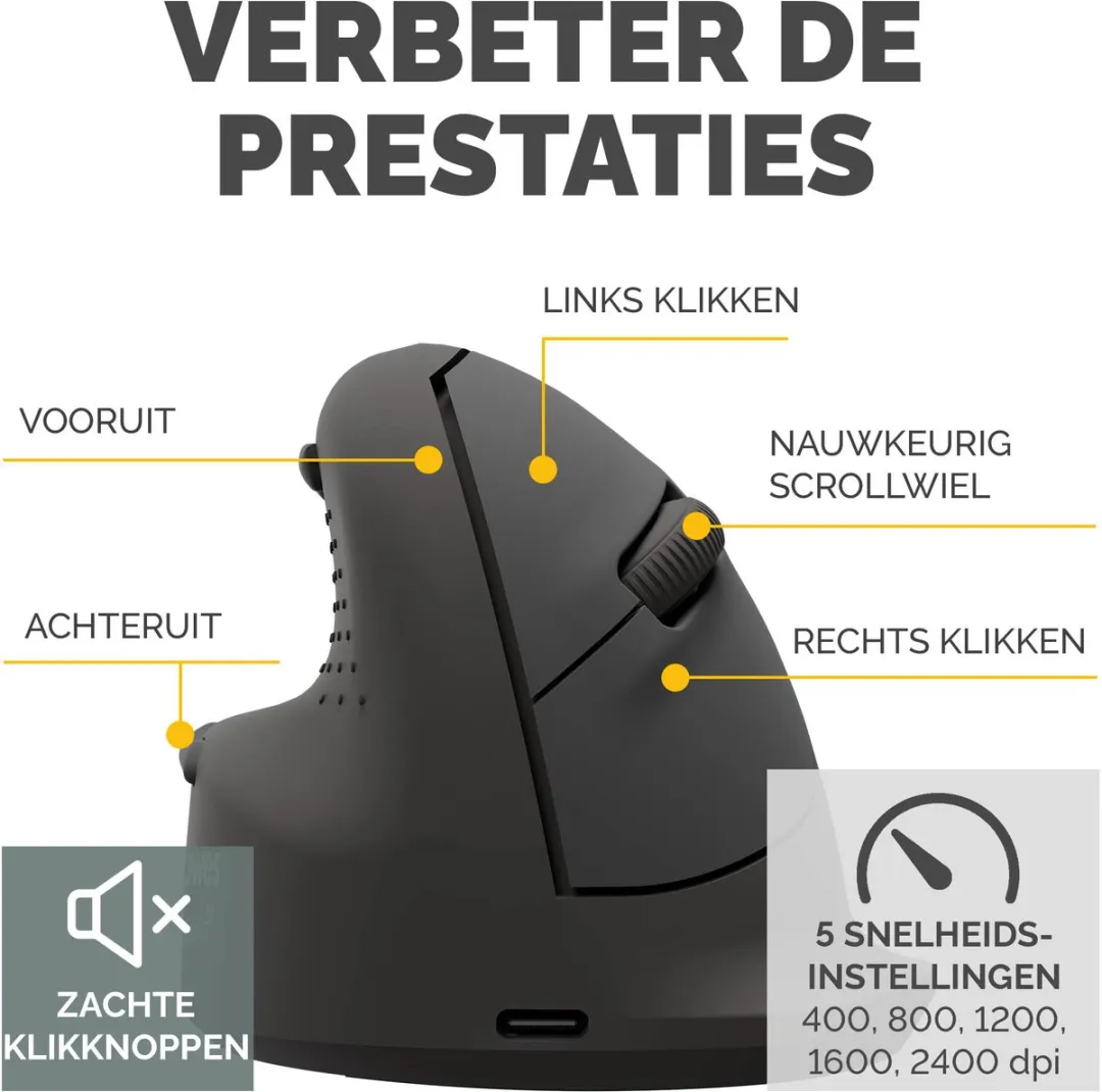 Fellowes Breyta Plus+ Verticale Muis Medium 100143583 - 2400 DPI - Linkshandig - Zwart