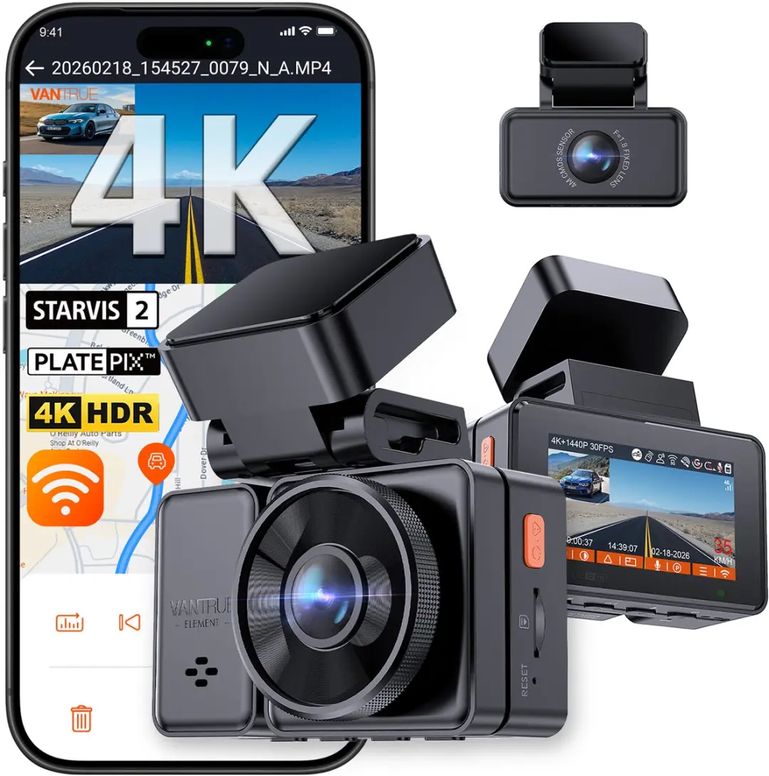 VANTRUE E2 Pro 4K + 2.5K Dual Dashcam Voor & Achter, Dual HDR, Nachtzicht, 5GHz