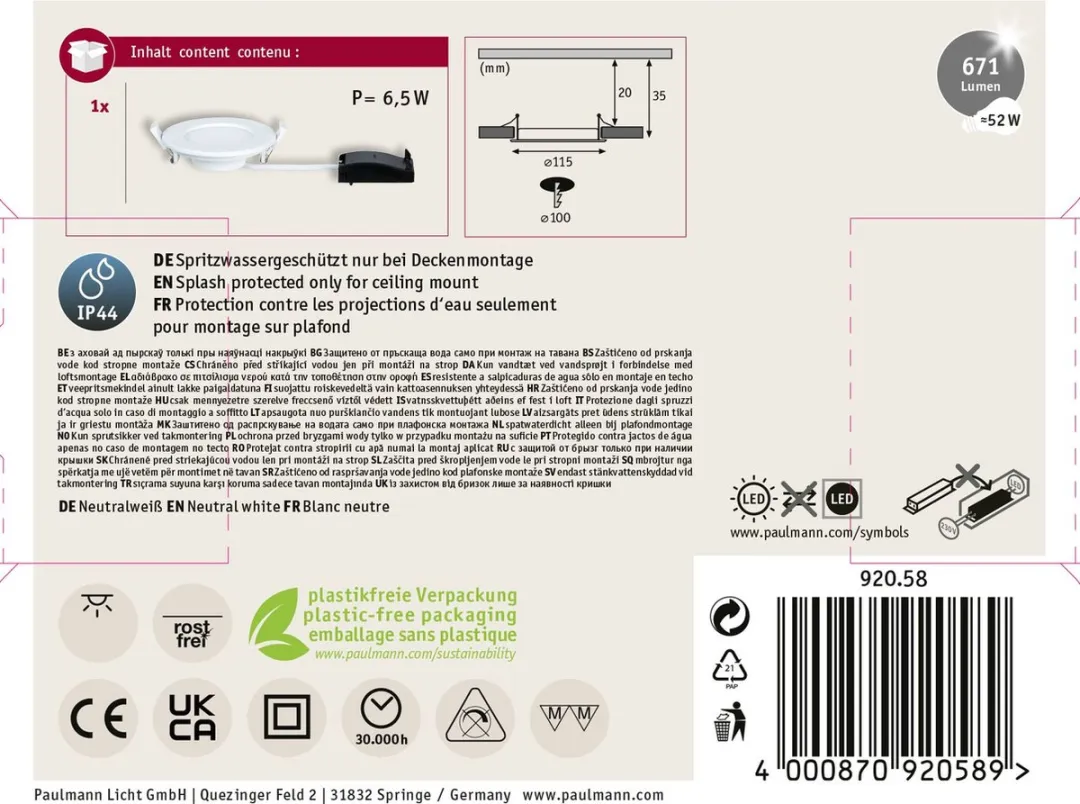 Paulmann LED Inbouwpaneel IP44 6W 390lm 4000K - Wit
