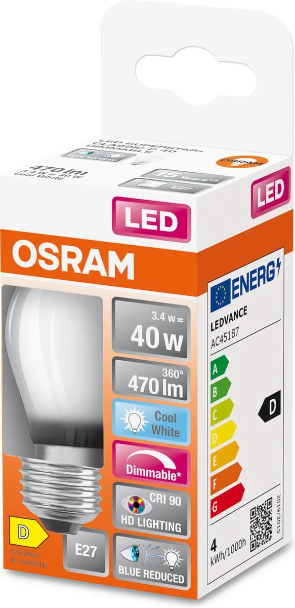 Osram LED Superstar E27 Kogel Filament Mat 3.4W 470lm - Koel wit