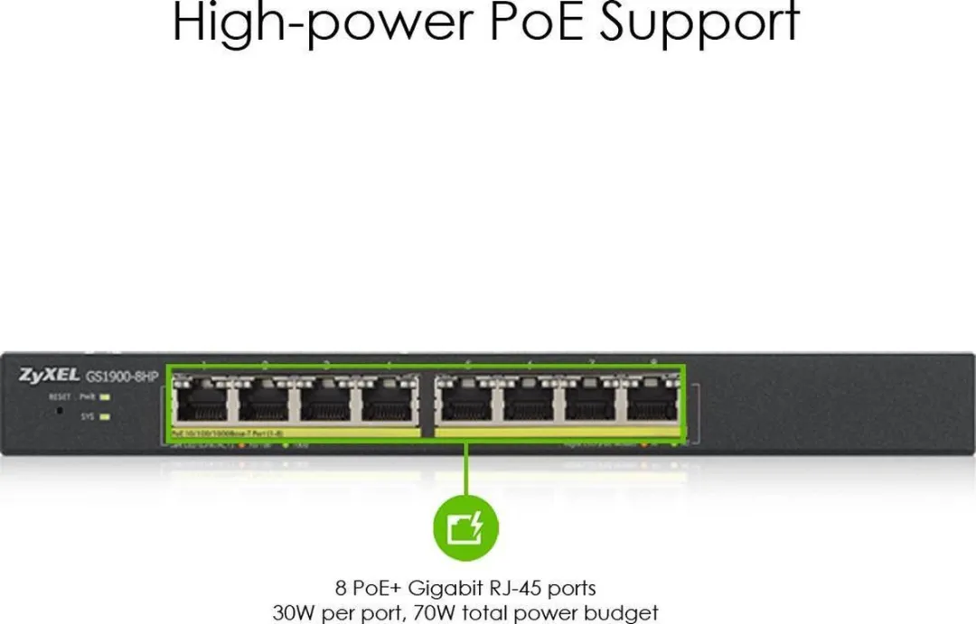 Zyxel GS1900-8HP Smart Managed PoE+ Switch 8x PoE - 70W - Wit - afbeelding 6 van 6