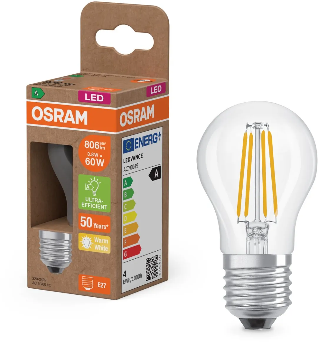 Osram Classic LED E27 Kogel Filament 3.8W 806lm - Warm Wit