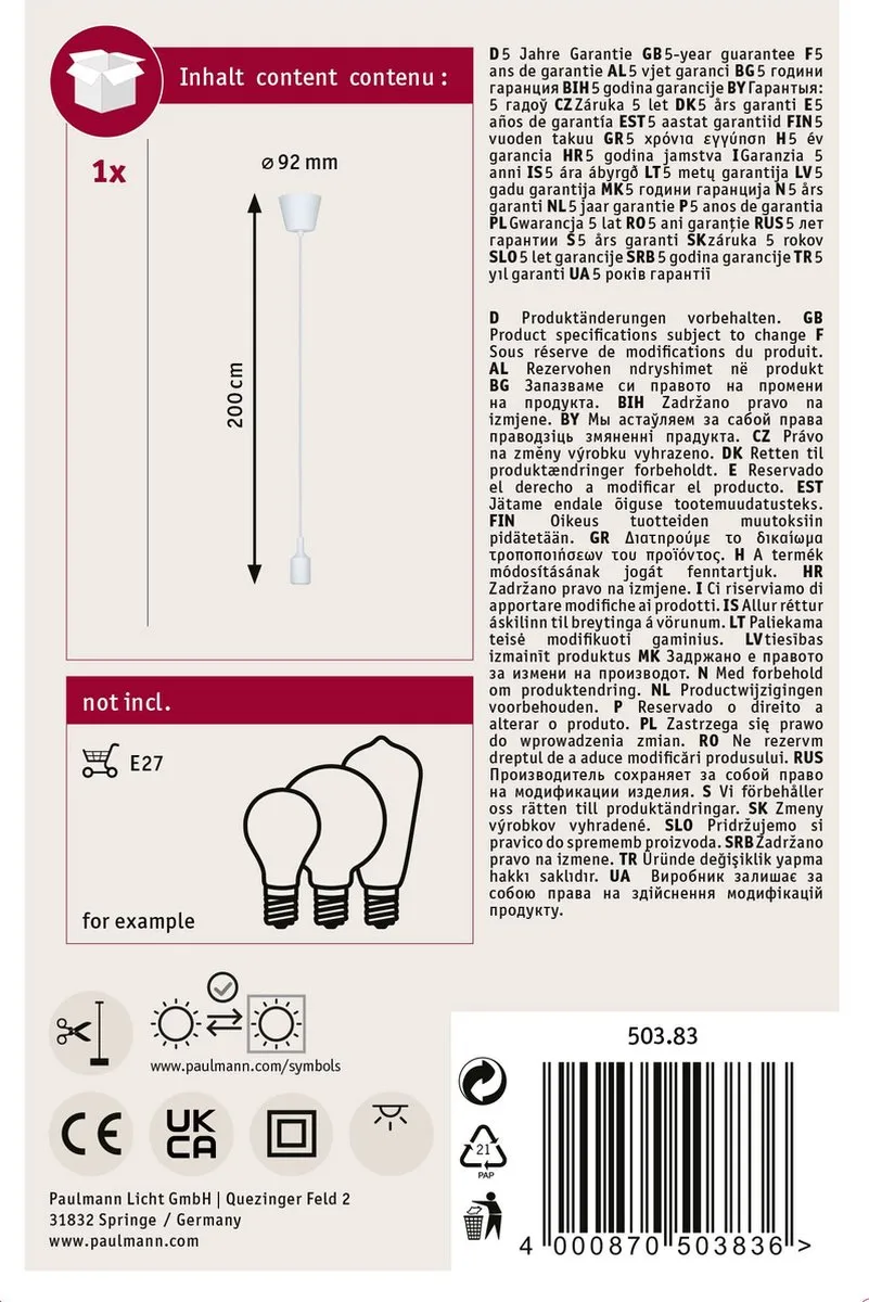 Paulmann Neordic Hanglamp Ketil E27 60W - Wit - afbeelding 6 van 6