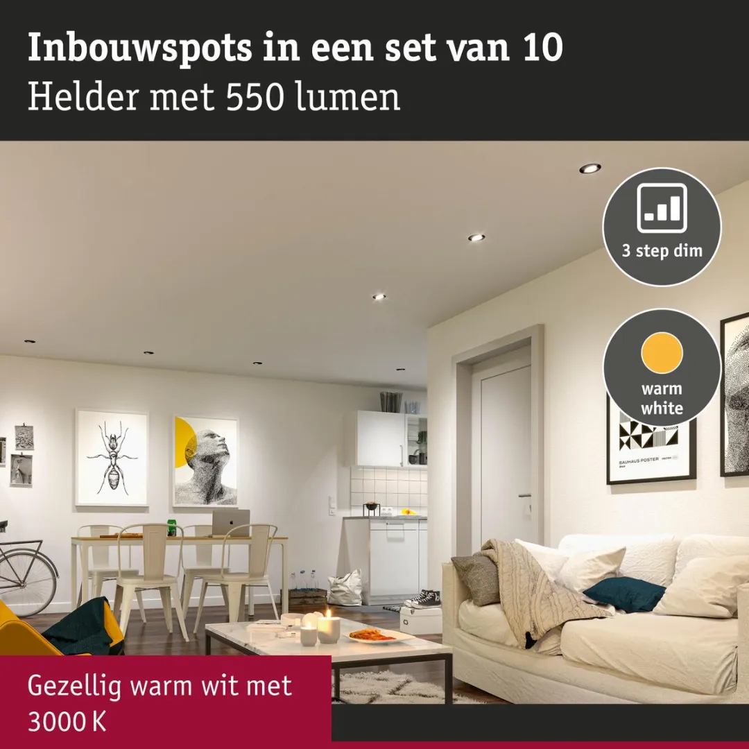 Paulmann LED-Inbouwlamp 3-Step-Dim Set 10x4,8W 450lm 82mm - 3000K Wit