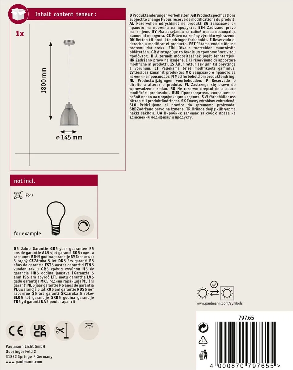 Paulmann Neordic Hanglamp Hilla E27 - 40W - Staal geborsteld - afbeelding 6 van 6