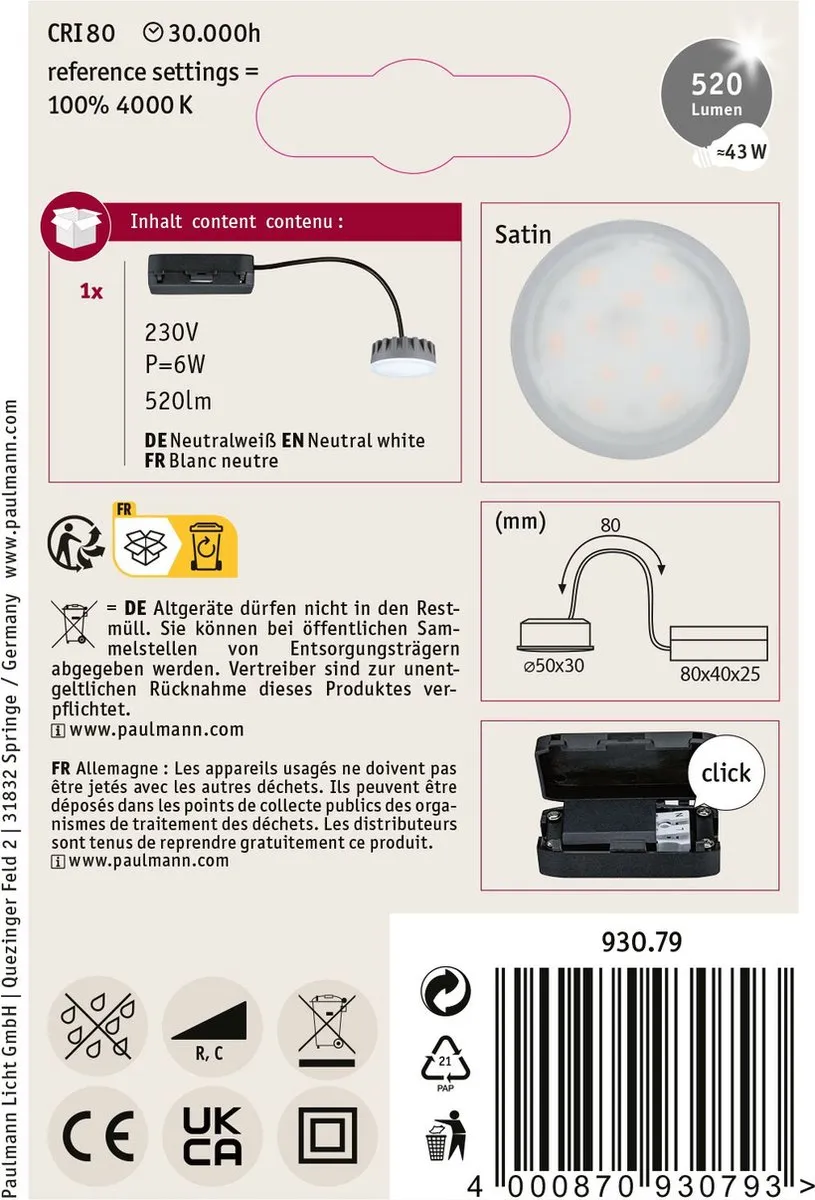 Paulmann Nova Plus Coin LED-module 6W 530lm 4000K - 50mm - Satijn