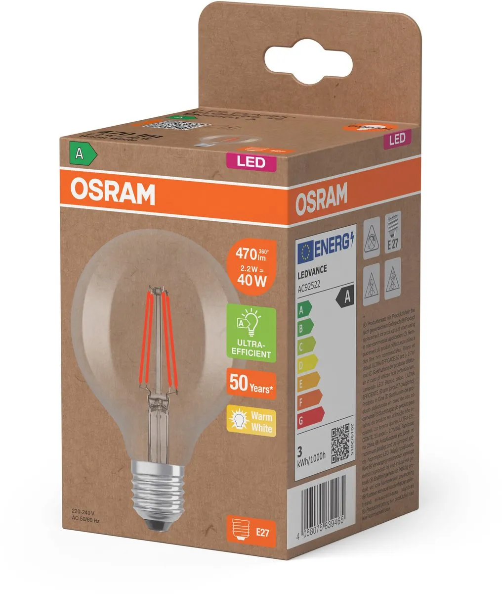 Osram LED Globe E27 2.2W 470lm - Zeer Warm Wit 2700K - afbeelding 6 van 6
