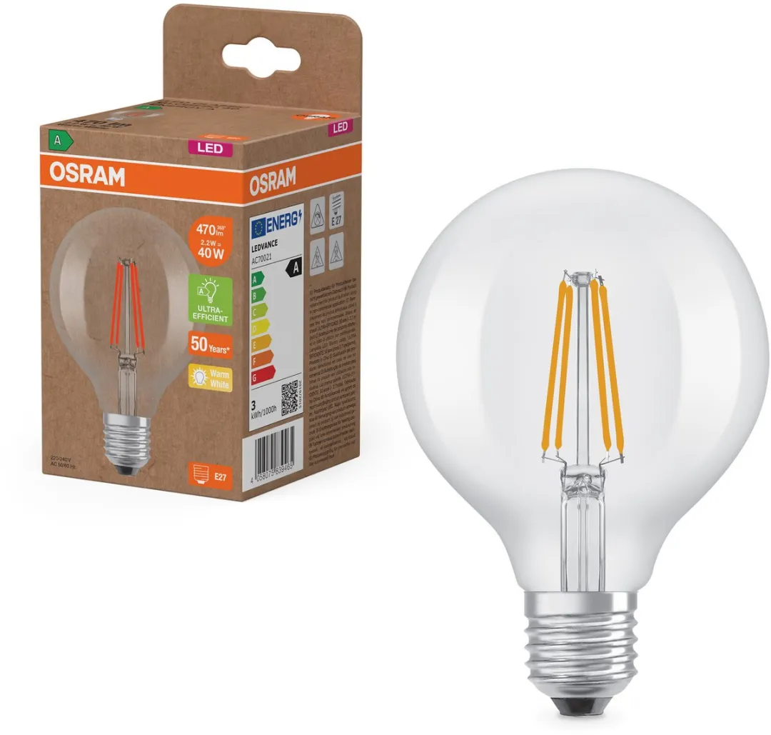 Osram LED Globe E27 2.2W 470lm - Zeer Warm Wit 2700K