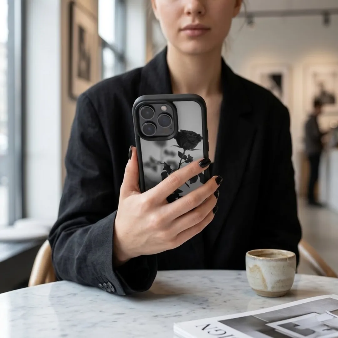 NUVEX iPhone 16 Pro Hoesje - Zwart Transparant - Roos Print