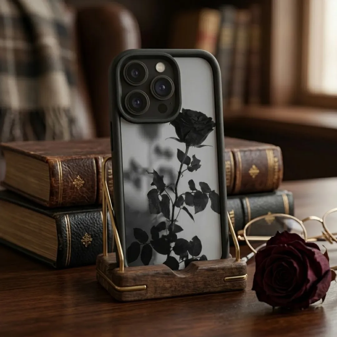 NUVEX iPhone 16 Pro Hoesje - Zwart Transparant - Roos Print