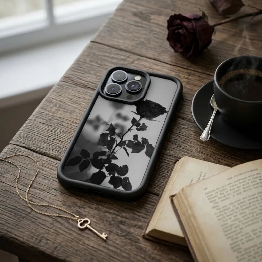 NUVEX iPhone 16 Pro Hoesje - Zwart Transparant - Roos Print