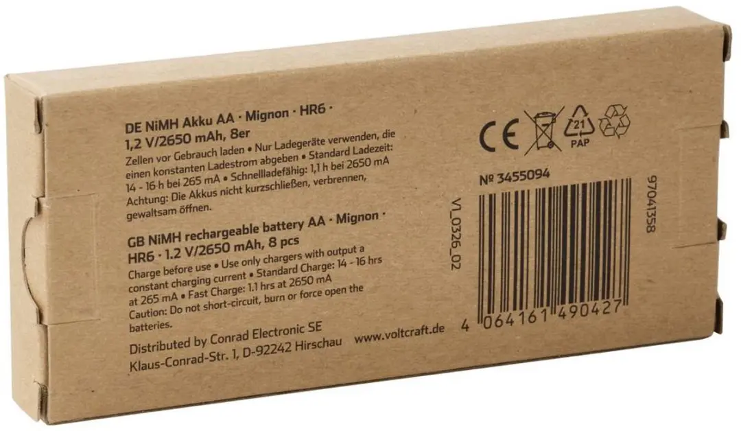 Voltcraft AA batterij NiMH 2650mAh 8 stuk - afbeelding 3 van 4